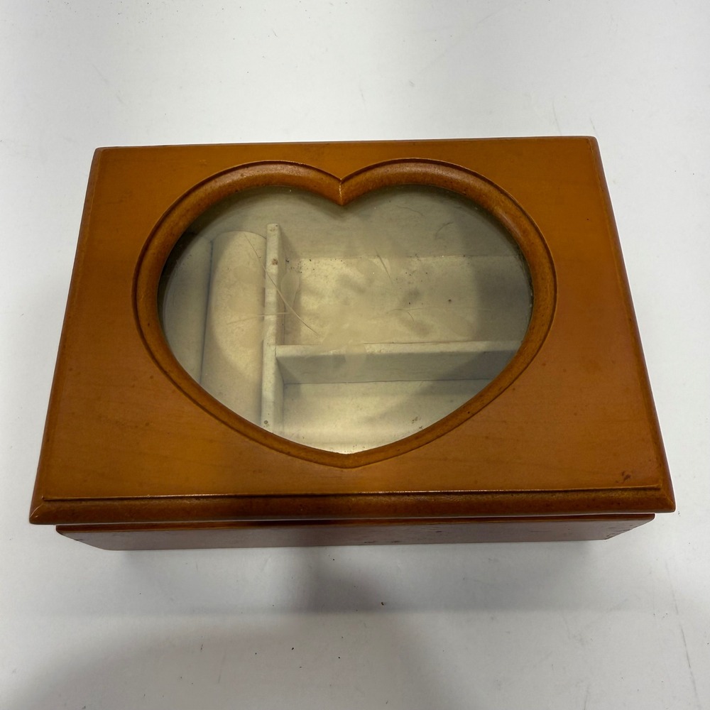 King Wood Co Jewelry Box Heart Etched Glass Lid Brown Wood Ring Organizer 2011
